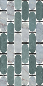 Lucca Abacus 3D Décor 60 × 120cm porcelain wall and floor tile, showcasing an elongated geometric pattern in soft green, grey, and marble-effect tones with a bold decorative finish.