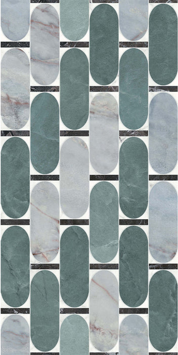 Lucca Abacus 3D Décor 60 × 120cm porcelain wall and floor tile, showcasing an elongated geometric pattern in soft green, grey, and marble-effect tones with a bold decorative finish.
