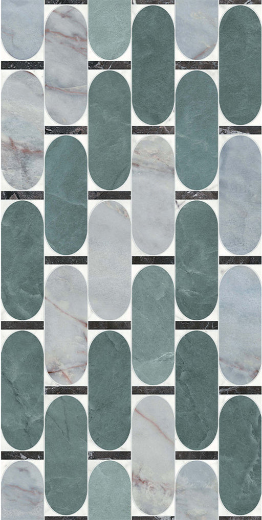 Lucca Abacus 3D Décor 60 × 120cm porcelain wall and floor tile, showcasing an elongated geometric pattern in soft green, grey, and marble-effect tones with a bold decorative finish.