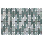 Flat lay of Lucca Abacus 3D Décor 60 × 120cm porcelain wall and floor tiles, featuring an elongated geometric pattern in soft green, grey, and marble-effect tones with a bold decorative finish.