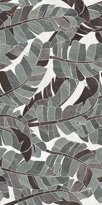 Lucca Bali 3D Décor 60 × 120cm porcelain wall and floor tile, showcasing layered tropical leaf patterns in soft green, grey, and charcoal tones with a bold decorative finish.
