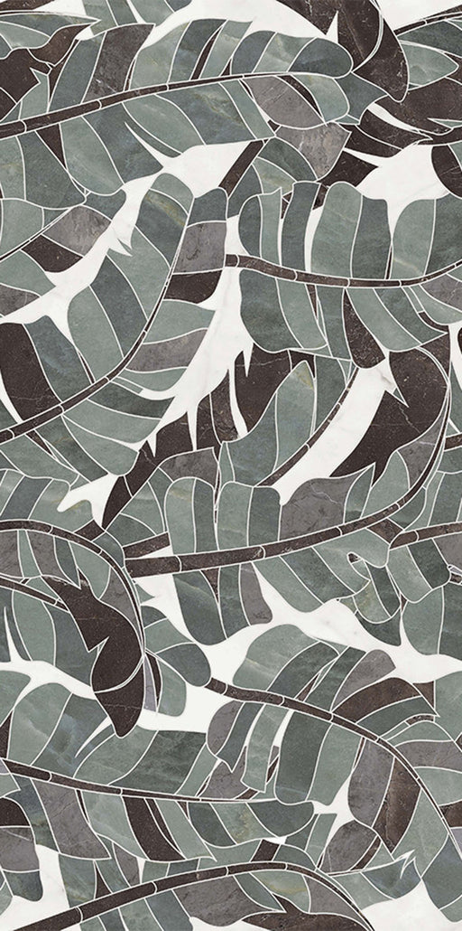 Lucca Bali 3D Décor 60 × 120cm porcelain wall and floor tile, showcasing layered tropical leaf patterns in soft green, grey, and charcoal tones with a bold decorative finish.