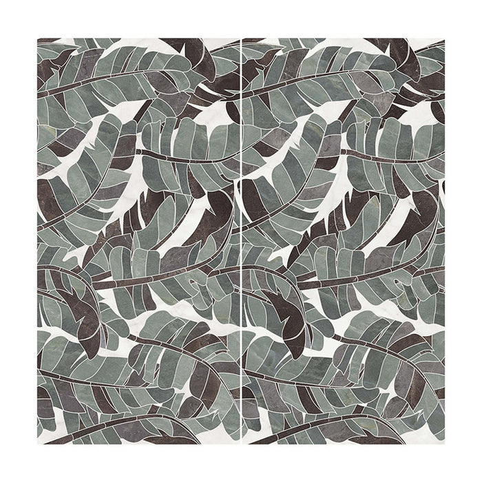 Flat lay of Lucca Bali 3D Décor 60 × 120cm porcelain wall and floor tiles, featuring layered tropical leaf patterns in soft green, grey, and charcoal tones with a bold decorative finish.
