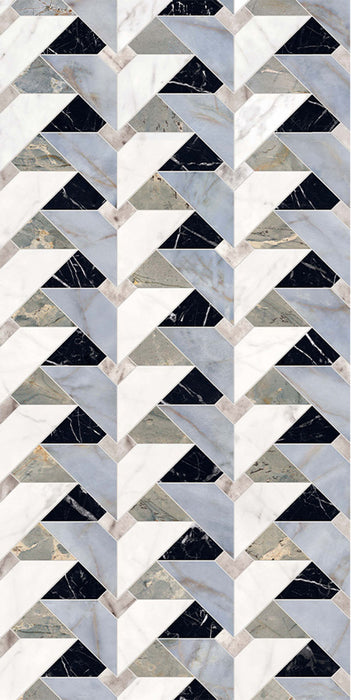 Close-up of Lucca Diamond Tips 3D Décor 60 × 120cm porcelain wall and floor tiles, featuring a geometric chevron-inspired pattern with marble-effect detailing in white, soft blue-grey, sage, and deep black tones with subtle veining throughout.