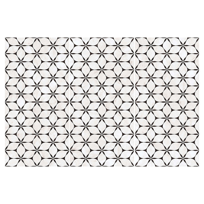 Flat lay of Lucca Flowers 3D Décor 60 × 120cm porcelain wall and floor tiles, showcasing a repeating floral geometric pattern in soft white tones with contrasting dark detailing for a bold contemporary look.