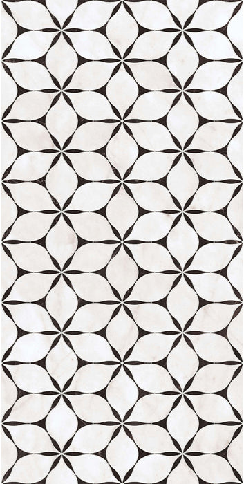 Close-up of Lucca Flowers 3D Décor 60 × 120cm porcelain wall and floor tiles, featuring a repeating floral geometric pattern in soft white tones with contrasting dark detailing and subtle marble-effect variation.