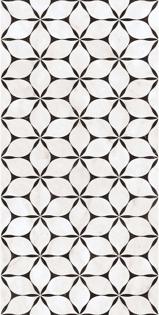 Close-up of Lucca Flowers 3D Décor 60 × 120cm porcelain wall and floor tiles, featuring a repeating floral geometric pattern in soft white tones with contrasting dark detailing and subtle marble-effect variation.