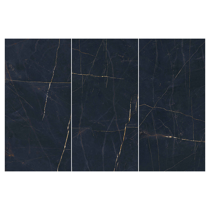Flat lay of Lucca Precious Noir Lux 3D 60 × 120cm porcelain wall and floor tiles, showcasing a deep black marble-effect surface with fine gold veining and a polished luxury-inspired finish.
