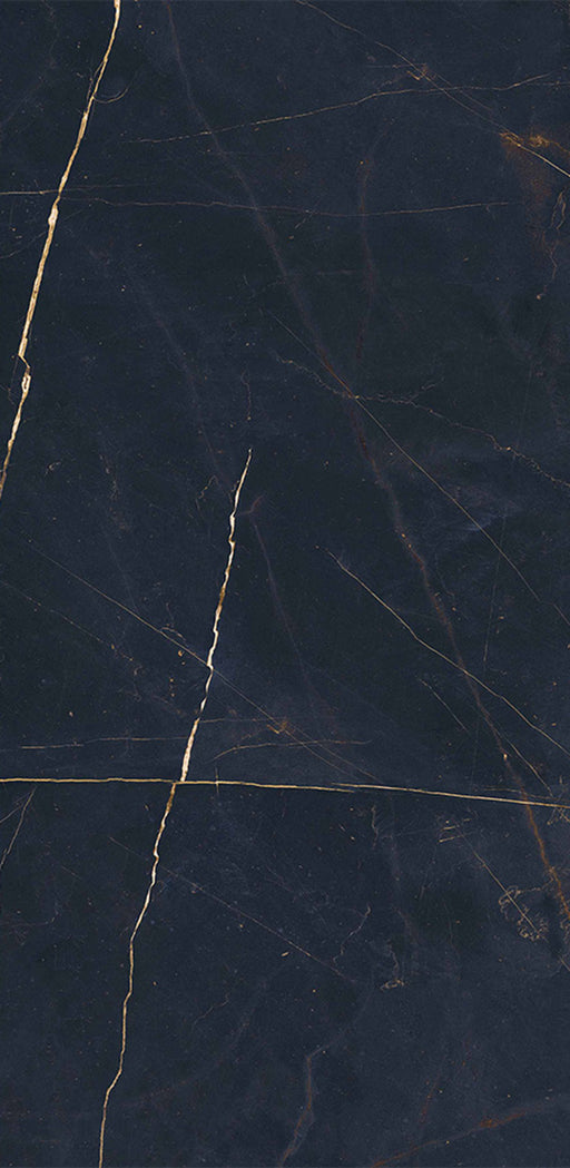 Close-up of Lucca Precious Noir Lux 3D 60 × 120cm porcelain wall and floor tiles, featuring a rich black marble-effect design with delicate gold veining, subtle tonal movement, and a polished luxury-inspired finish.