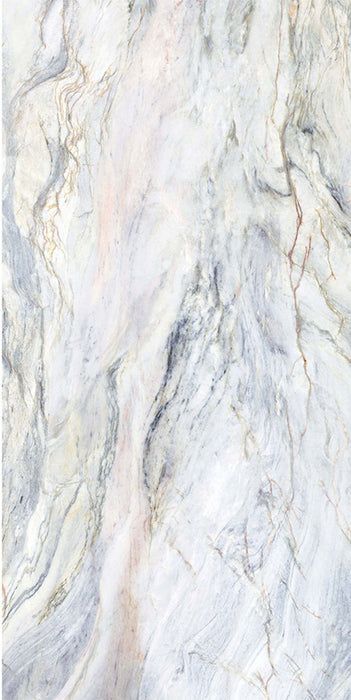 Flat lay of Lucca Quartz Lux 3D 60 × 120cm porcelain wall and floor tile, showcasing flowing marble-effect veining in soft cream, grey, and blue tones with a luxurious polished stone-inspired appearance.