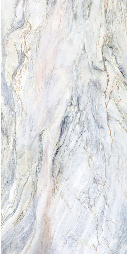 Flat lay of Lucca Quartz Lux 3D 60 × 120cm porcelain wall and floor tile, showcasing flowing marble-effect veining in soft cream, grey, and blue tones with a luxurious polished stone-inspired appearance.
