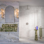 Luxury bathroom featuring Lucca Quartz Matt 60 × 120cm porcelain wall and floor tiles, styled with soft marble-effect veining, green stone vanity details, textured white wall tiles, and elegant contemporary finishes.