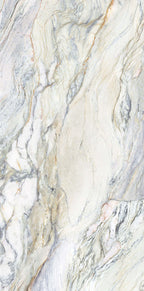 Lucca Quartz Matt 60 × 120cm porcelain wall and floor tile, showcasing flowing marble-effect veining in soft cream, grey, and blue tones with a refined natural stone-inspired appearance.