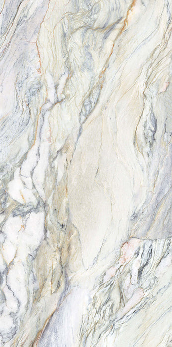 Lucca Quartz Matt 60 × 120cm porcelain wall and floor tile, showcasing flowing marble-effect veining in soft cream, grey, and blue tones with a refined natural stone-inspired appearance.