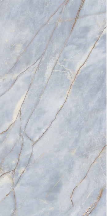 Lucca River Blue 60 × 120cm matt porcelain wall and floor tile, showcasing soft blue-grey marble-effect shading with fine warm veining and a sophisticated natural stone-inspired appearance.