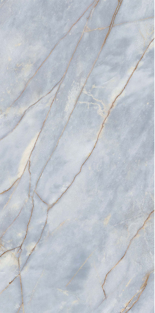 Lucca River Blue 60 × 120cm matt porcelain wall and floor tile, showcasing soft blue-grey marble-effect shading with fine warm veining and a sophisticated natural stone-inspired appearance.
