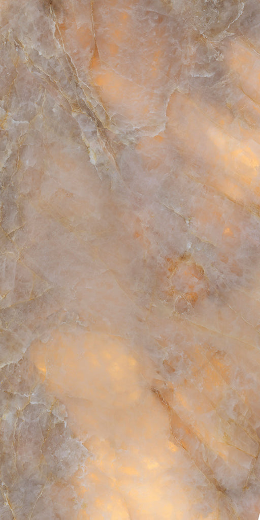 Flat lay of Lumen Precious Stone Amber 60 × 120cm polished porcelain tiles, showcasing rich amber, honey, and smoky stone-inspired tones with layered crystalline detailing, translucent mineral movement, fine natural veining, and a reflective high-gloss finish for a bold, luxurious statement surface.