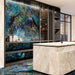 Luxury kitchen interior featuring Lumen Precious Stone Labradorite 60 × 120cm polished porcelain wall and floor tiles, showcasing dramatic blue, teal, and black gemstone-inspired tones with a high-gloss finish, paired with a marble-effect island and dark contemporary cabinetry.