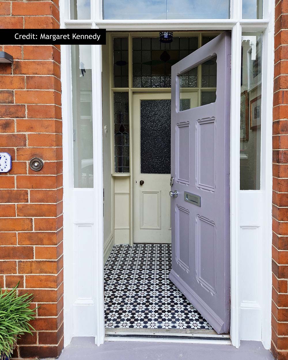 Madeira Antique Gold 20cm x 20cm Moroccan style wall and floor tiles, featuring a striking black and white geometric pattern, used across this period hallway floor to create a characterful entrance that complements the original architectural details.