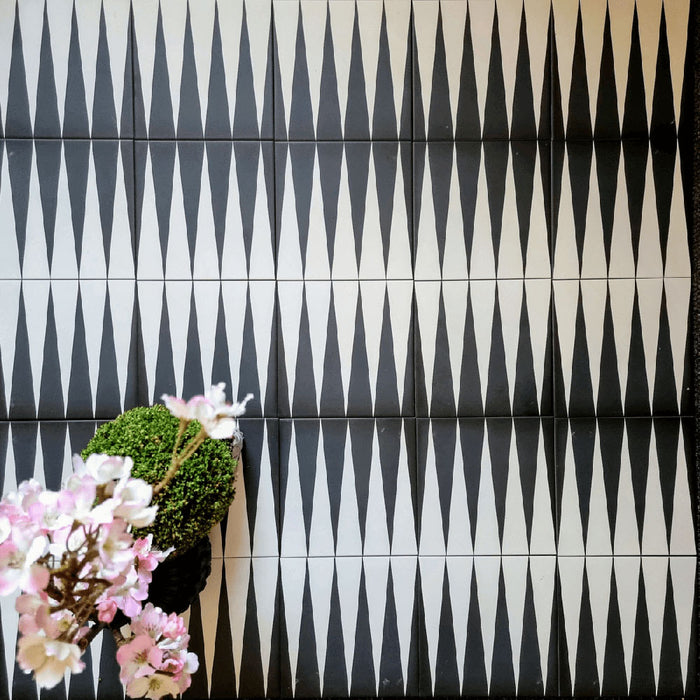 Almeria Backgammon Moroccan-style porcelain wall and floor tiles laid in a repeating black and white geometric pattern, 20x20cm, creating a bold and graphic statement.
