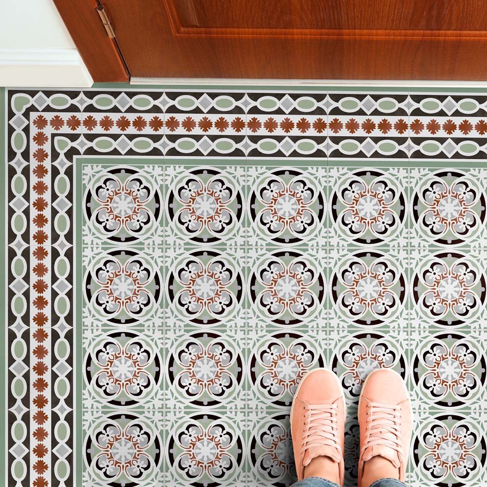 Hallway floor featuring Imperial Victorian Green Mini Corner Tiles, 15x15cm porcelain tiles used with matching centre and border tiles to create a classic Victorian-inspired entrance floor design.