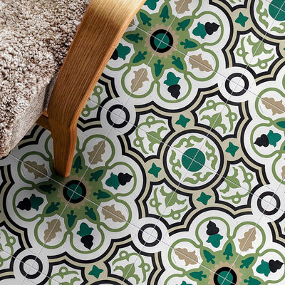 Interior floor setting featuring London Streets Bond Street 20x20cm Victorian Moroccan style floor tiles, styled beside a wooden chair with textured upholstery, showcasing a decorative geometric pattern in green, black and cream tones.