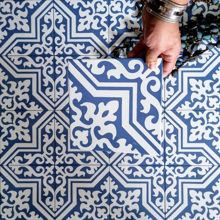 Overhead view of London Streets Thornton Place 20x20cm Victorian Moroccan style porcelain tiles arranged in a repeating blue and white patterned layout.
