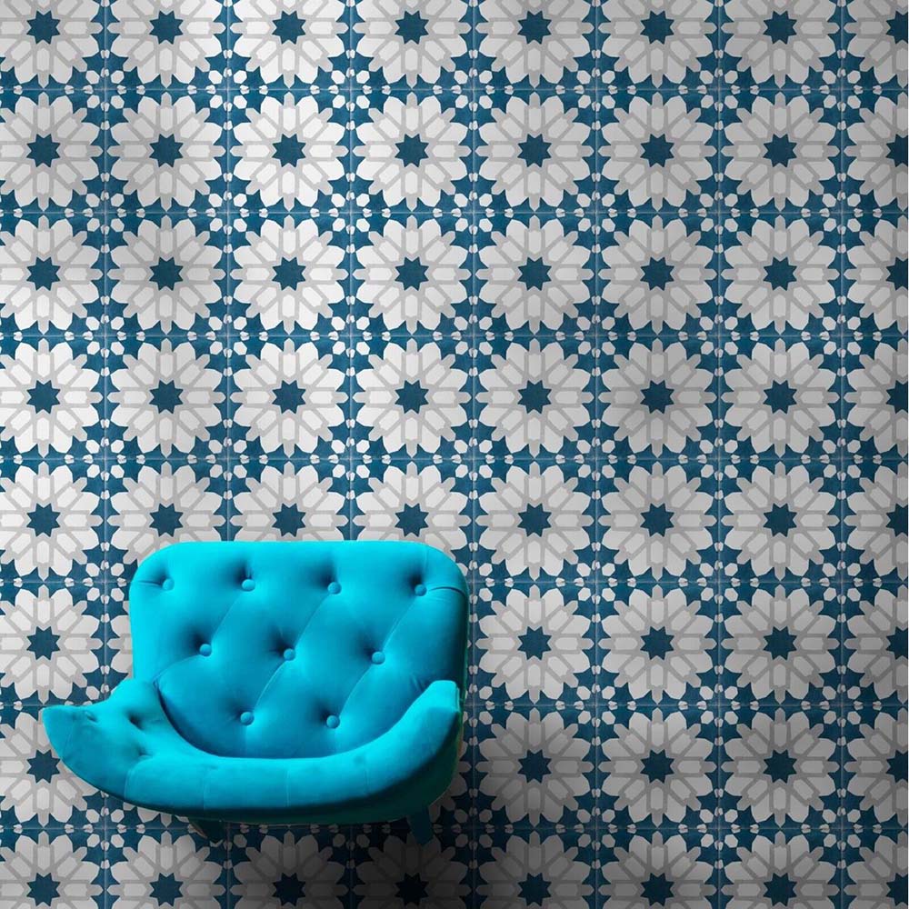 Interior floor featuring Souk Blue D 20×20cm Moroccan-style porcelain tiles with a blue, white and grey geometric pattern.