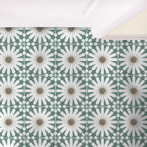 Interior floor featuring Souk Green B 20×20cm Moroccan-style porcelain tiles with a green, white and beige geometric pattern.
