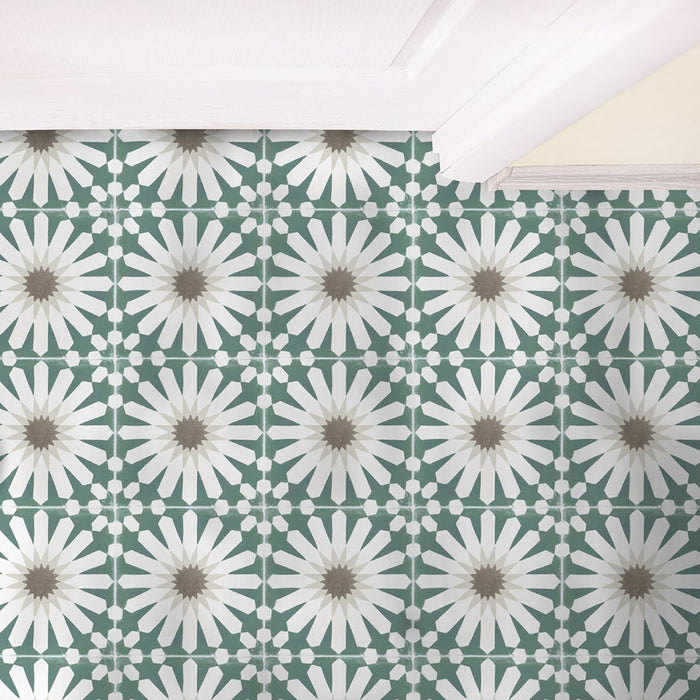 Interior floor featuring Souk Green B 20×20cm Moroccan-style porcelain tiles with a green, white and beige geometric pattern.