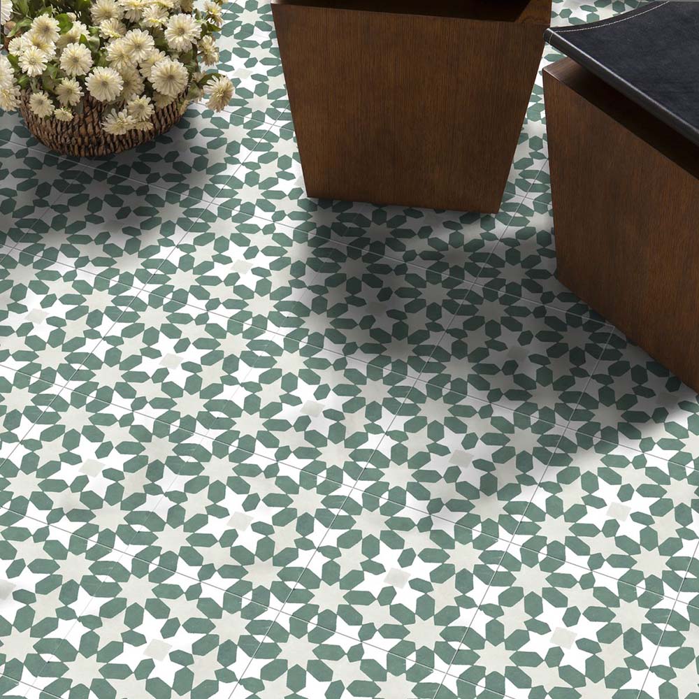 Interior floor featuring Souk Green C 20×20cm Moroccan-style porcelain tiles with a green and white geometric pattern.