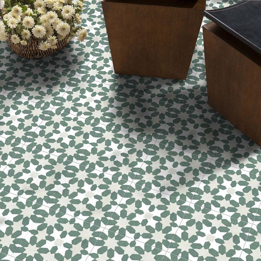 Interior floor featuring Souk Green C 20×20cm Moroccan-style porcelain tiles with a green and white geometric pattern.