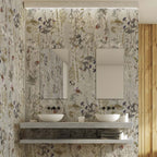 Bathroom vanity area featuring Meadow Flowers Decor 60 × 120cm porcelain wall tiles, styled with twin basins, minimalist mirrors, and soft botanical detailing for a delicate, nature-inspired, contemporary space.