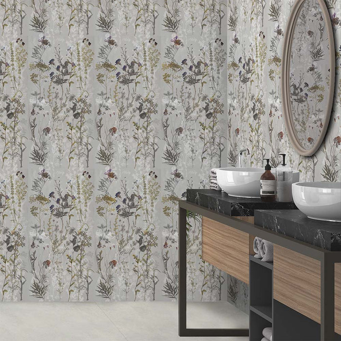 Bathroom interior featuring Meadow Flowers Decor 60 × 120cm porcelain wall tiles, styled with a vanity unit, twin basins, marble worktop, and soft botanical pattern for a delicate, nature-inspired finish.