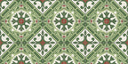 Close-up of Mediterraneo Corfu 2cm patterned outdoor slabs 50 × 100cm, featuring a bold Mediterranean-inspired geometric pattern in green, cream, and terracotta tones with a decorative vintage-style finish.