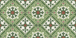 Close-up of Mediterraneo Corfu 2cm patterned outdoor slabs 50 × 100cm, featuring a bold Mediterranean-inspired geometric pattern in green, cream, and terracotta tones with a decorative vintage-style finish.