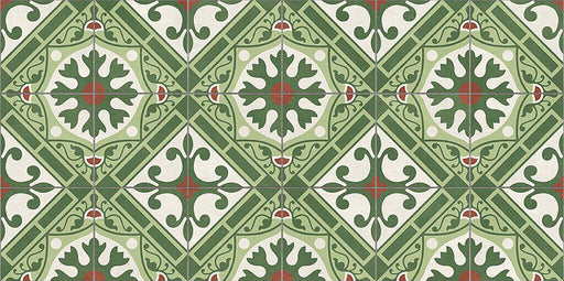 Close-up of Mediterraneo Corfu 2cm patterned outdoor slabs 50 × 100cm, featuring a bold Mediterranean-inspired geometric pattern in green, cream, and terracotta tones with a decorative vintage-style finish.