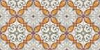 Close-up of Mediterraneo Gela 2cm patterned outdoor slabs 50 × 100cm, featuring a decorative Mediterranean-inspired pattern in terracotta, grey, white, and soft yellow tones with a vintage-style geometric finish.