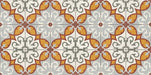 Close-up of Mediterraneo Gela 2cm patterned outdoor slabs 50 × 100cm, featuring a decorative Mediterranean-inspired pattern in terracotta, grey, white, and soft yellow tones with a vintage-style geometric finish.