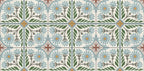 Close-up of Mediterraneo Olbia 2cm patterned outdoor slabs 50 × 100cm, featuring a decorative Mediterranean-inspired floral pattern in soft blue, green, grey, and terracotta tones with a weathered vintage-style finish.