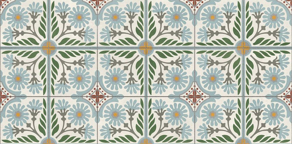 Close-up of Mediterraneo Olbia 2cm patterned outdoor slabs 50 × 100cm, featuring a decorative Mediterranean-inspired floral pattern in soft blue, green, grey, and terracotta tones with a weathered vintage-style finish.
