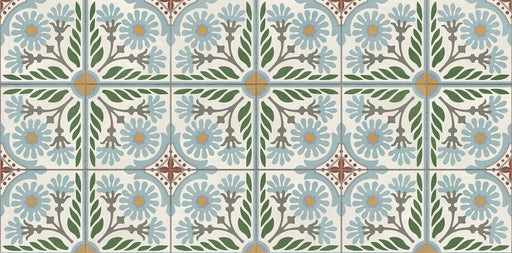 Close-up of Mediterraneo Olbia 2cm patterned outdoor slabs 50 × 100cm, featuring a decorative Mediterranean-inspired floral pattern in soft blue, green, grey, and terracotta tones with a weathered vintage-style finish.