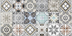 Close-up of Mediterraneo Patchwork 2cm patterned outdoor slabs 50 × 100cm, featuring a decorative patchwork-inspired mix of geometric and floral patterns in soft blue, grey, beige, cream, and terracotta tones.
