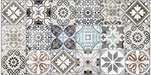 Close-up of Mediterraneo Patchwork 2cm patterned outdoor slabs 50 × 100cm, featuring a decorative patchwork-inspired mix of geometric and floral patterns in soft blue, grey, beige, cream, and terracotta tones.