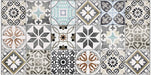 Close-up of Mediterraneo Patchwork 2cm patterned outdoor slabs 50 × 100cm, featuring a decorative patchwork-inspired mix of geometric and floral patterns in soft blue, grey, beige, cream, and terracotta tones.