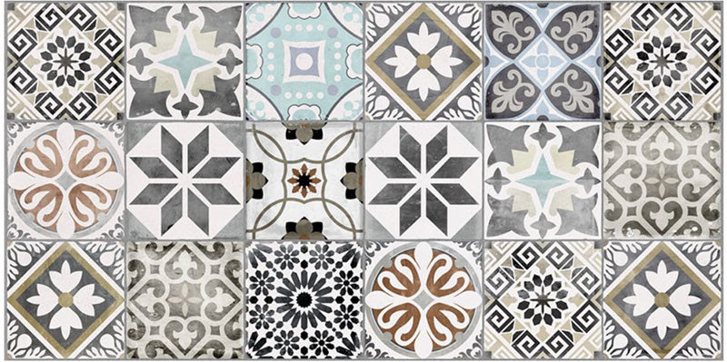 Close-up of Mediterraneo Patchwork 2cm patterned outdoor slabs 50 × 100cm, featuring a decorative patchwork-inspired mix of geometric and floral patterns in soft blue, grey, beige, cream, and terracotta tones.
