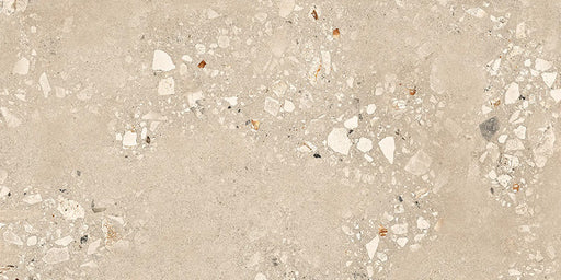 Close-up of Melange Sand 20mm thick outdoor Cosmo Stone tile slabs 60 × 120cm, featuring warm sand-toned terrazzo-inspired detailing with aggregate texture, subtle tonal variation, and a contemporary matt outdoor finish.