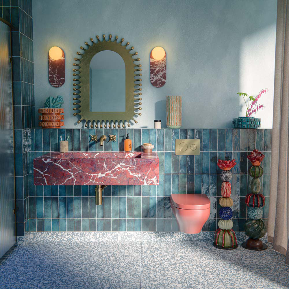 Eclectic bathroom featuring Melody POP Terrazzo Blue 60 × 60cm terrazzo-effect porcelain floor tiles, showcasing soft white stone fragments scattered across a muted blue base, paired with glossy blue wall tiles, a dramatic red marble-effect basin, and playful contemporary styling.