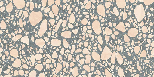 Close-up of Melody POP Terrazzo Green 60 × 120cm terrazzo-effect porcelain tiles, featuring soft blush pink stone fragments scattered across a muted green base for a playful retro-inspired statement finish.