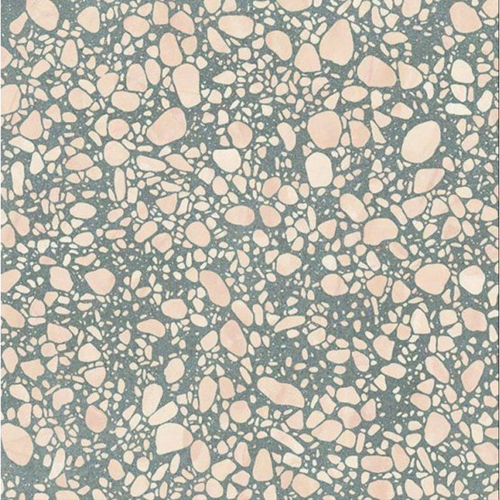 Close-up of Melody POP Terrazzo Green 60 × 60cm terrazzo-effect porcelain tiles, featuring soft blush pink stone fragments set against a muted green base for a playful yet contemporary retro-inspired finish.